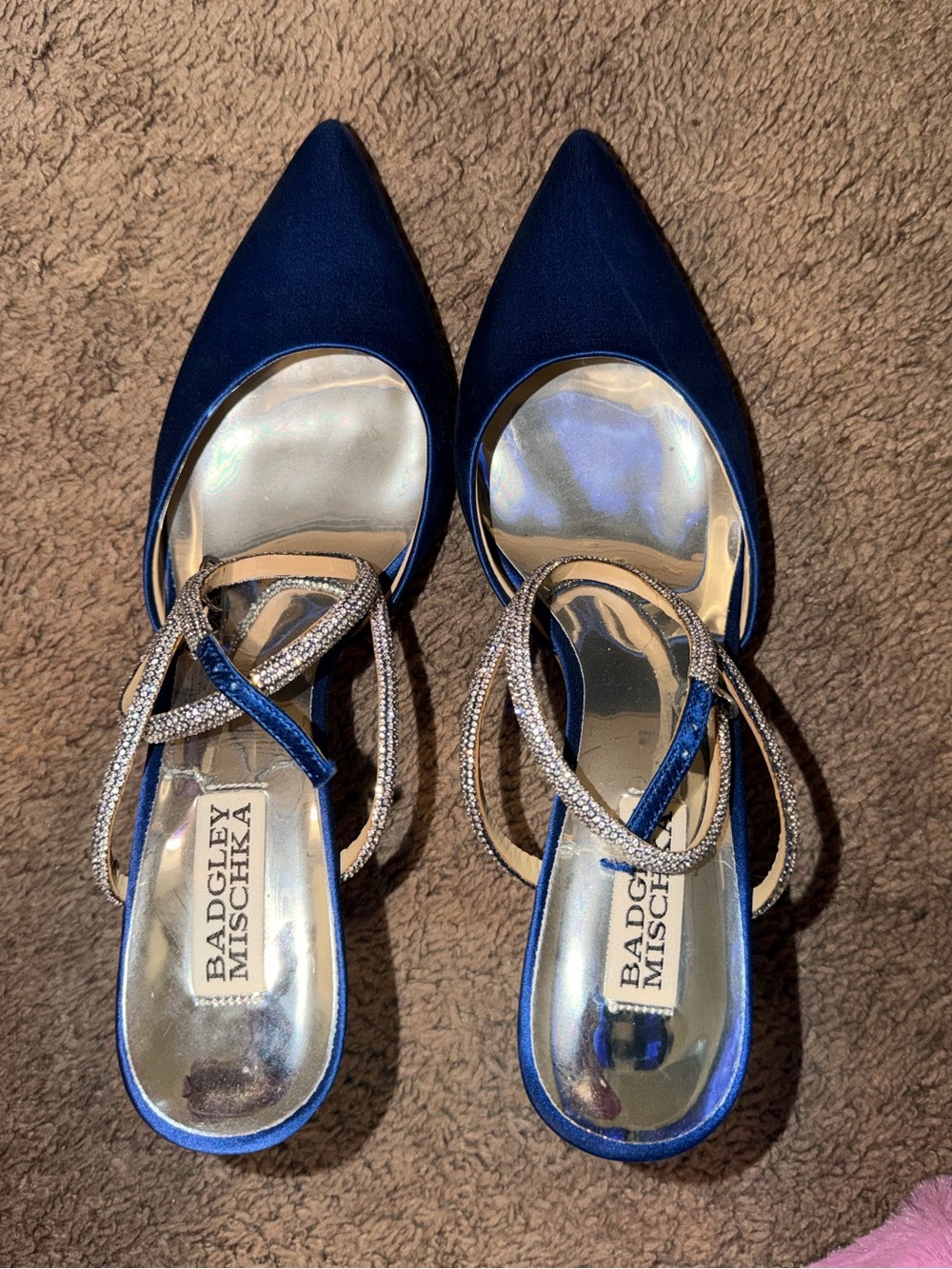 Badgley Mischka Navy Satin Pointed-Toe Slingback Heels with Crystal Straps